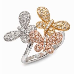 Effy Tri-Butterfly Pavé Diamond Ring in Silver, Gold & Rose Gold